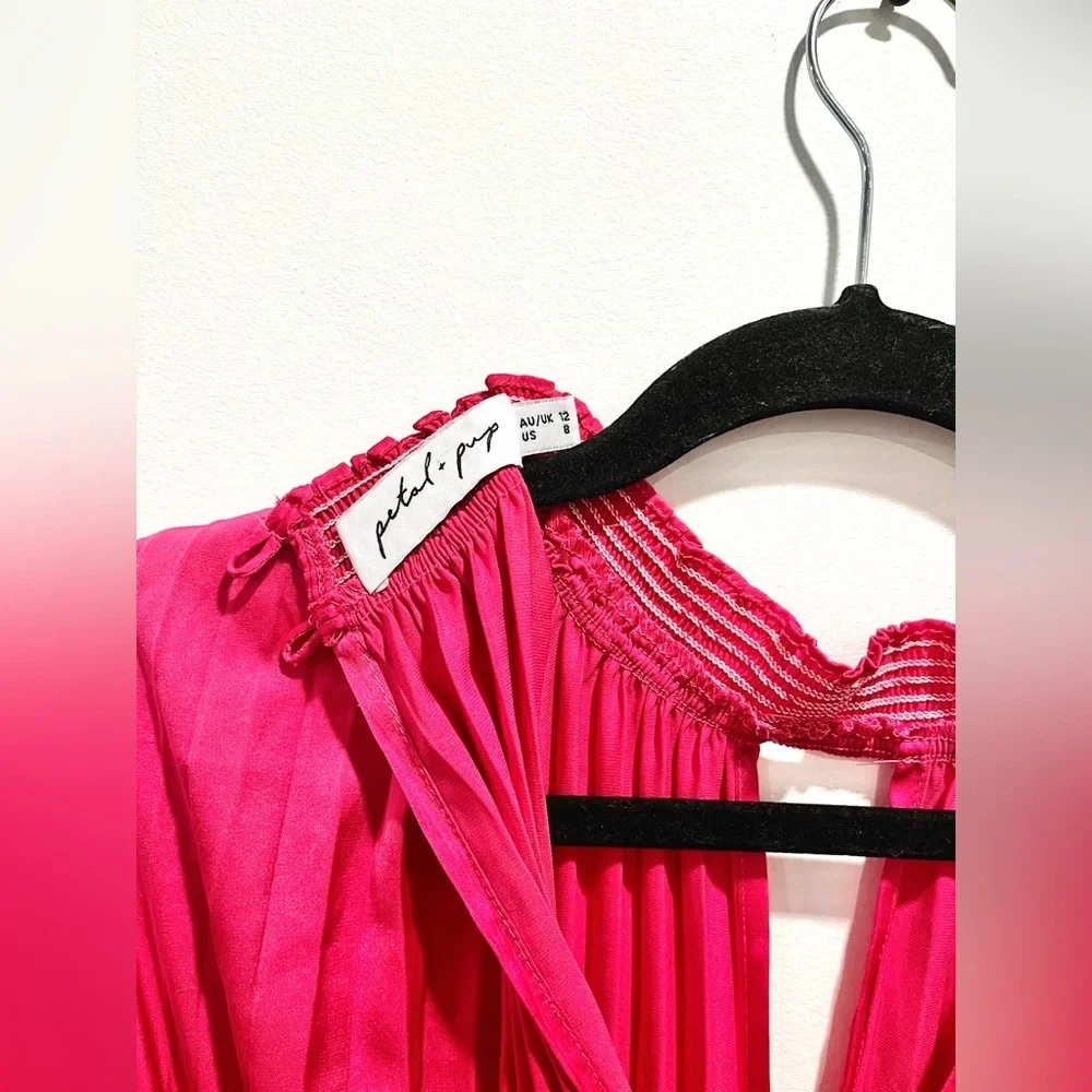 Petal & Pup Pleated Long Sleeve Midi Semi Formal Pink Satin Cocktail Dress US 8 - Picture 12 of 12